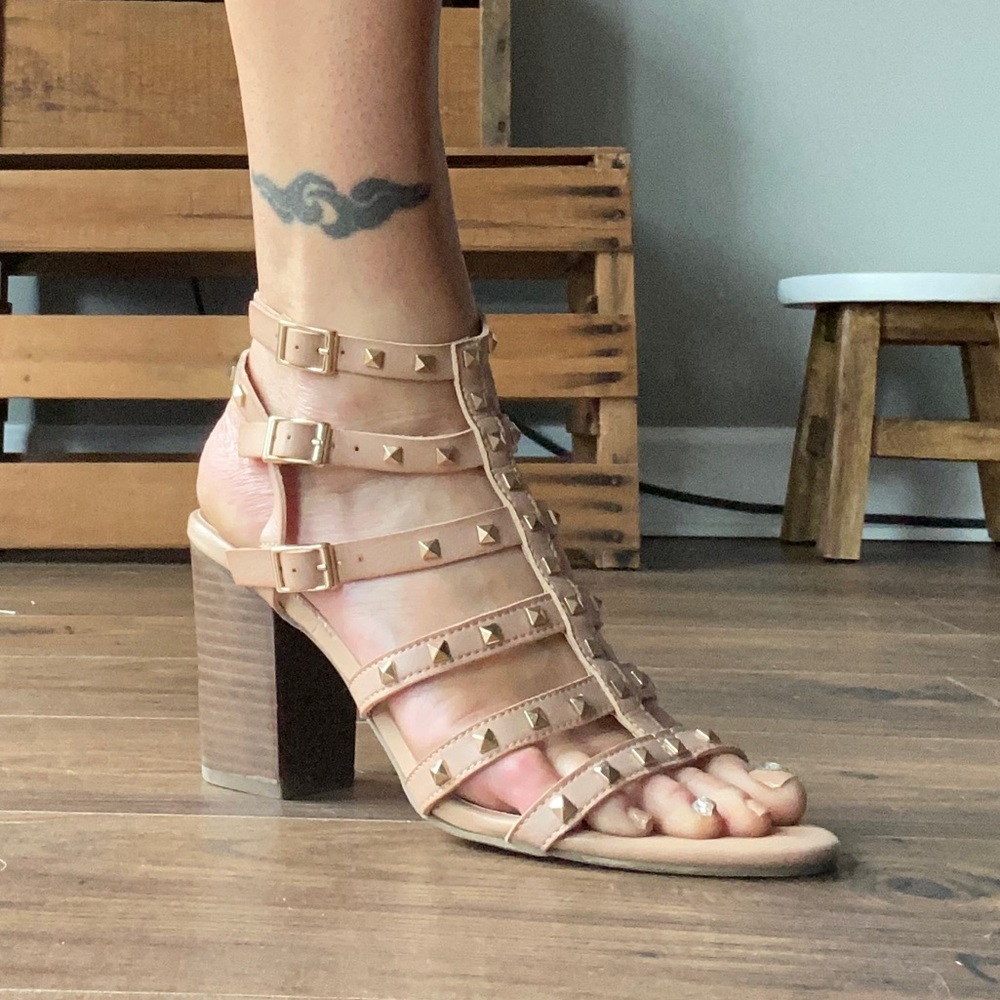 Tan with gold stud strapy, chunky heel sandal by Betseyville